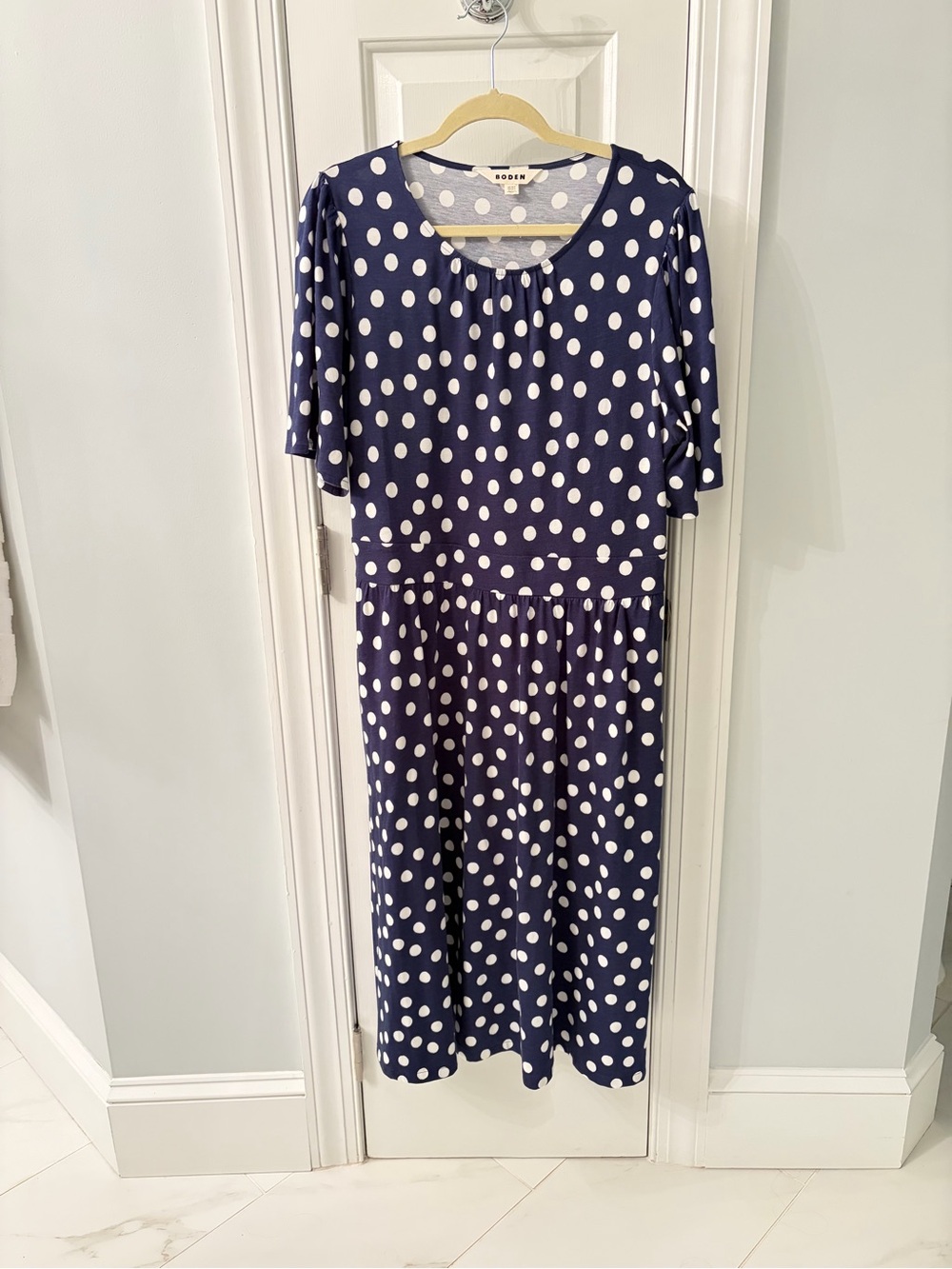Boden Navy Dress with White Polka Dots – Midi